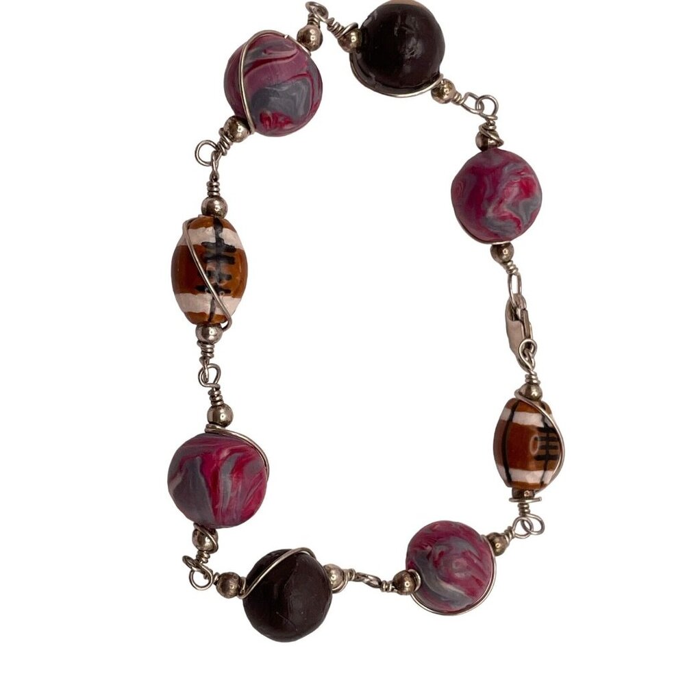 Bright Polymer Clay Bead Bracelet Football Theme Sterling‎ Silver 925 Artisan